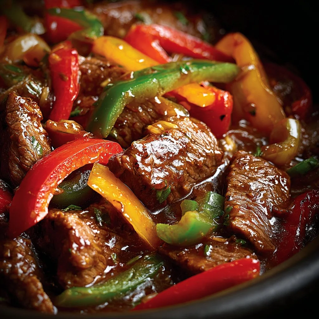 Delicious crock pot pepper steak served with vegetables.