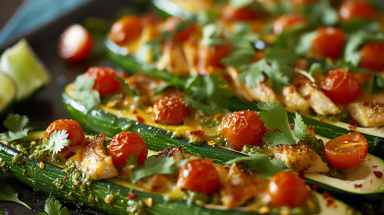 Pesto Chicken Stuffed Zucchini Boats