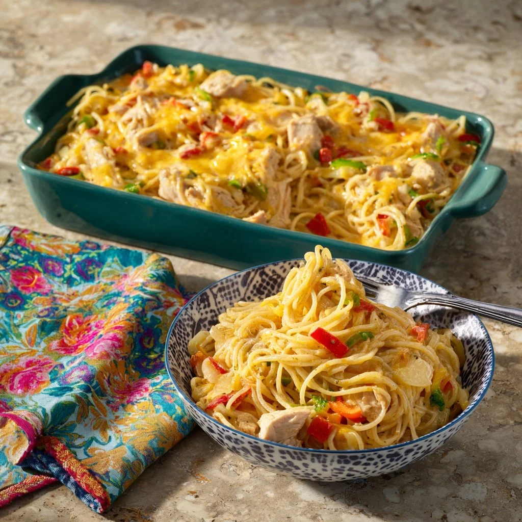 Delicious Pioneer Woman Chicken Spaghetti Casserole ready to serve