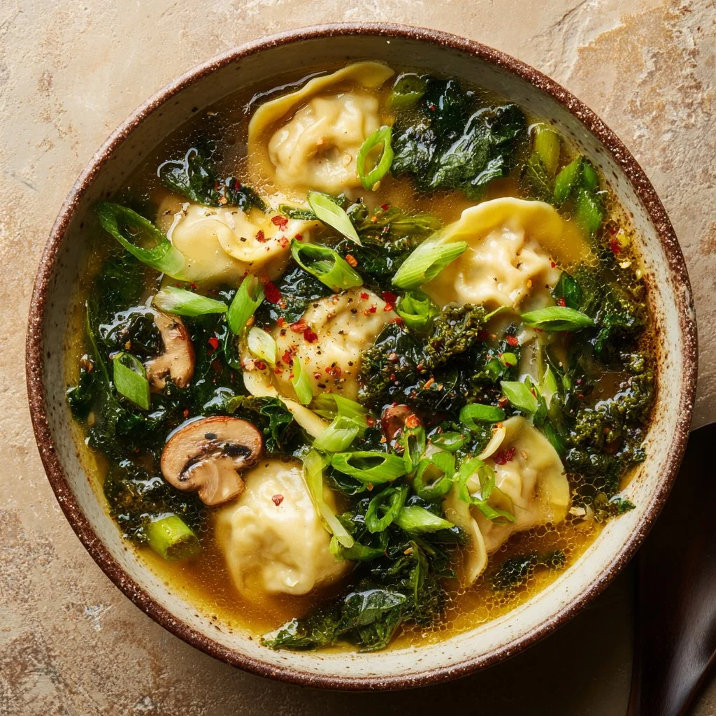 Delicious Potsticker Soup with dumplings and fresh vegetables