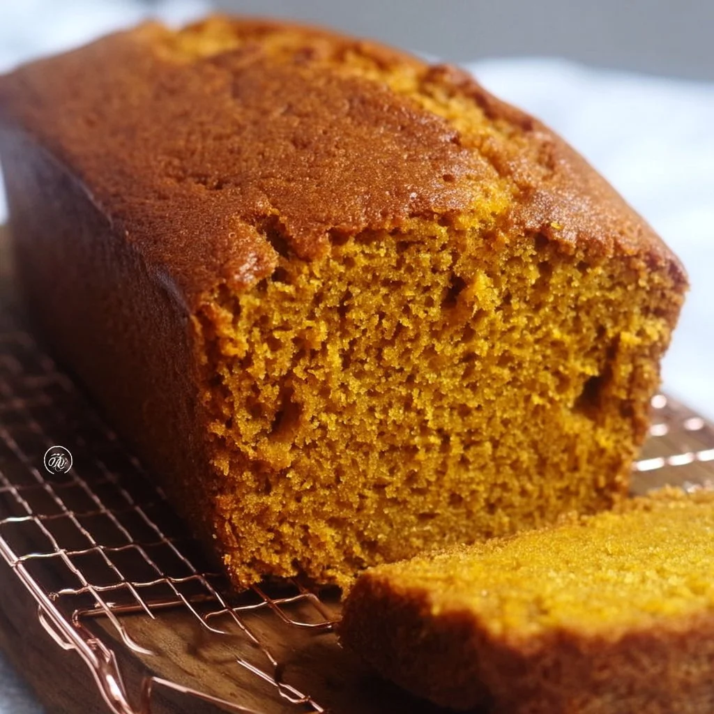 Sliced rich and buttery pumpkin bread on a wooden board