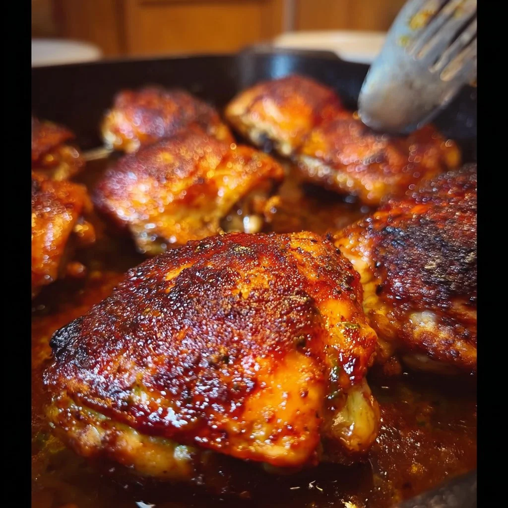Delicious roasted chicken thighs garnished with herbs on a plate