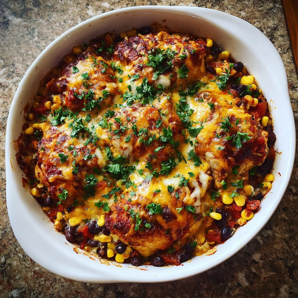 Plate of Santa Fe Chicken garnished with spices and vegetables