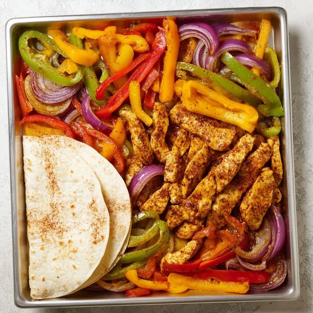 Delicious sheet pan chicken fajitas ready to serve with colorful bell peppers.