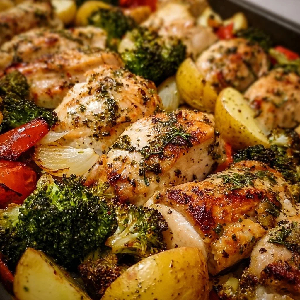 Sheet pan garlic butter chicken with colorful veggies ready to serve
