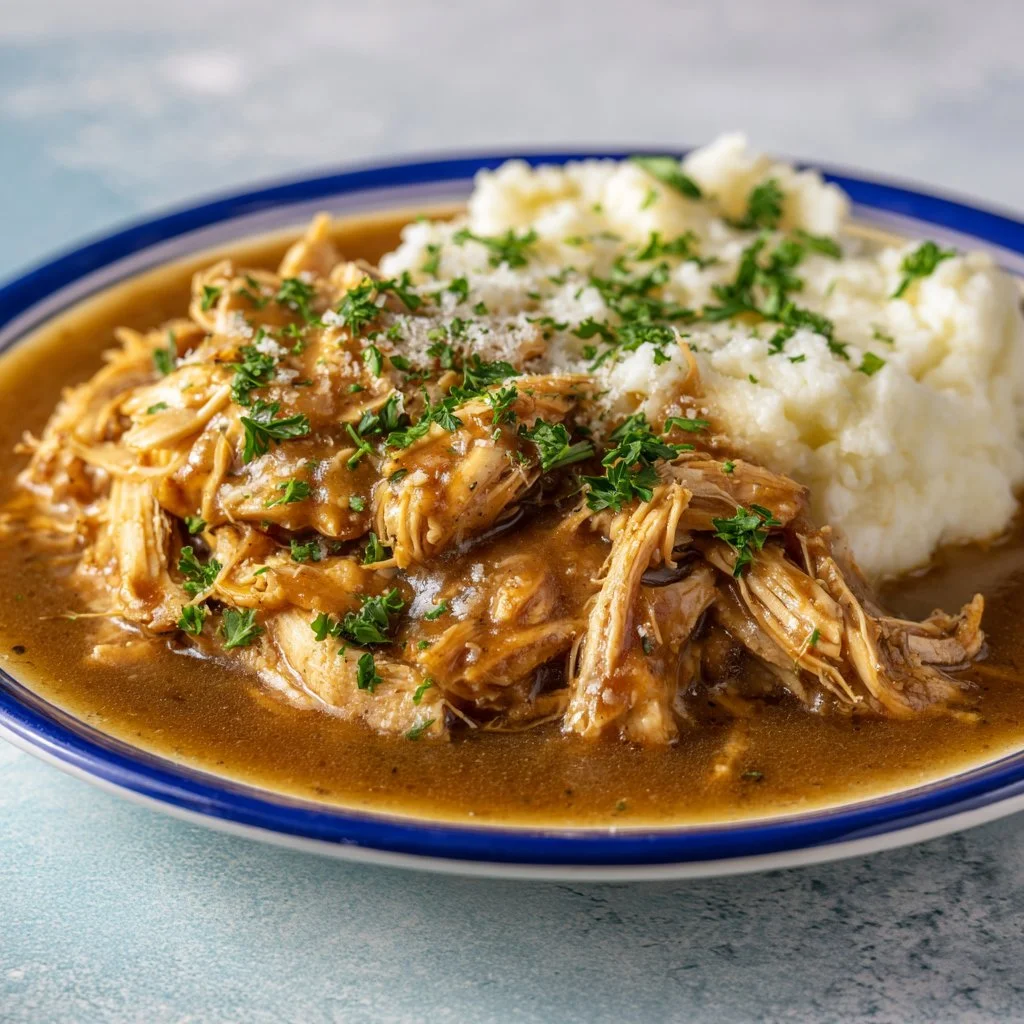 Delicious shredded chicken served with savory gravy for a hearty dinner