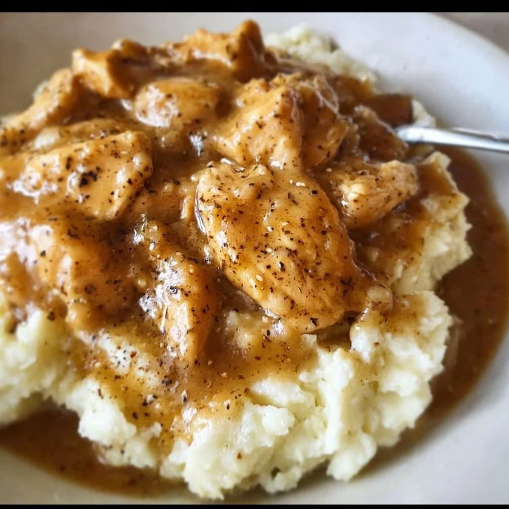 Simple chicken and gravy served over creamy mashed potatoes