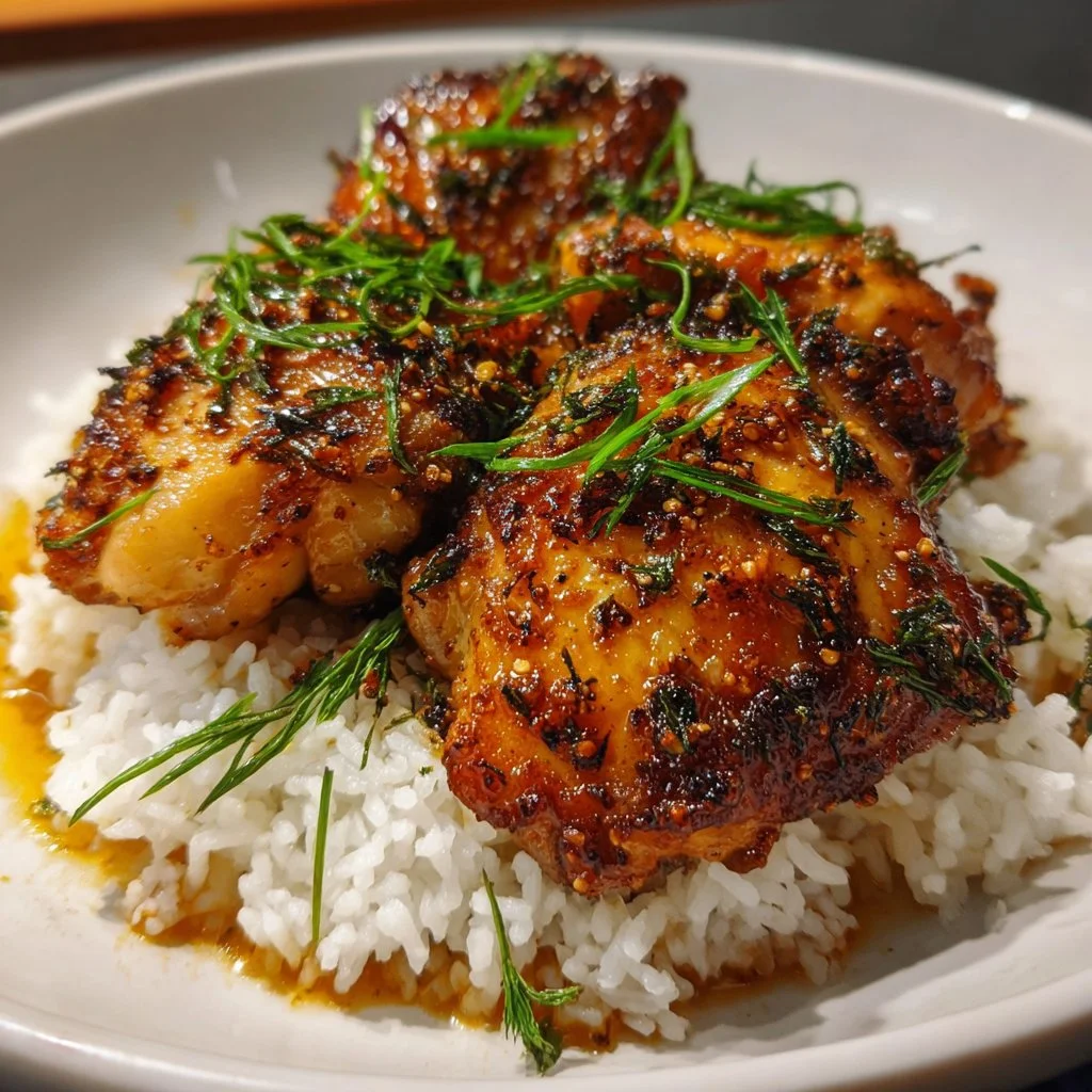 Skillet Bang Bang Chicken Thighs with vibrant sauce and herbs.