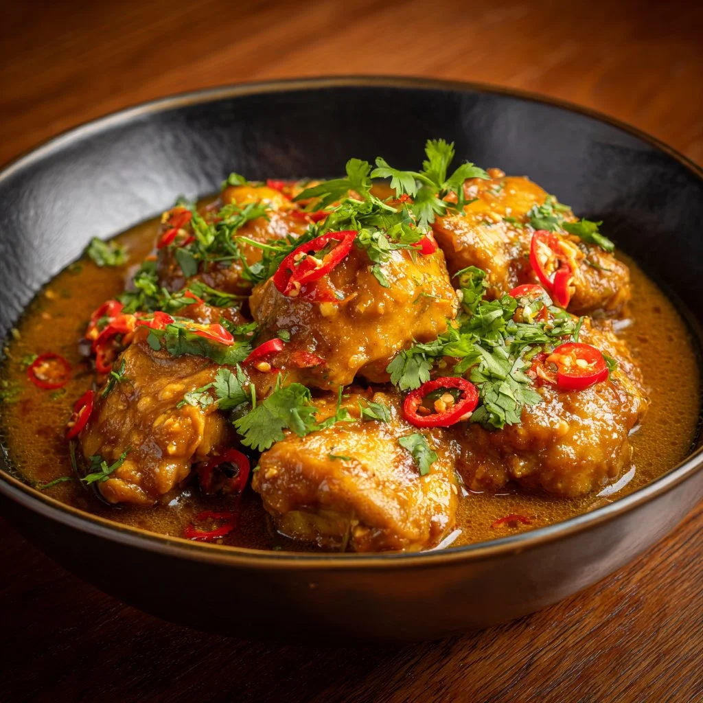 Delicious slow-cooked Thai Peanut Chicken served with fresh vegetables