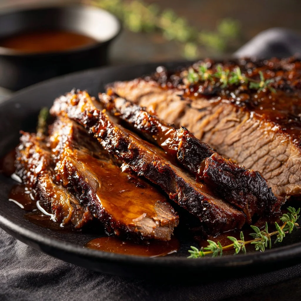 Delicious slow cooker beef brisket garnished with herbs and served on a platter.