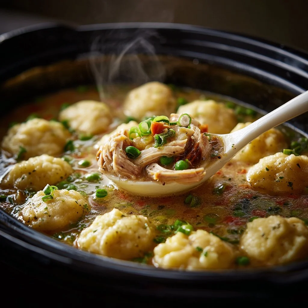 Delicious Slow Cooker Chicken and Dumplings served in a bowl
