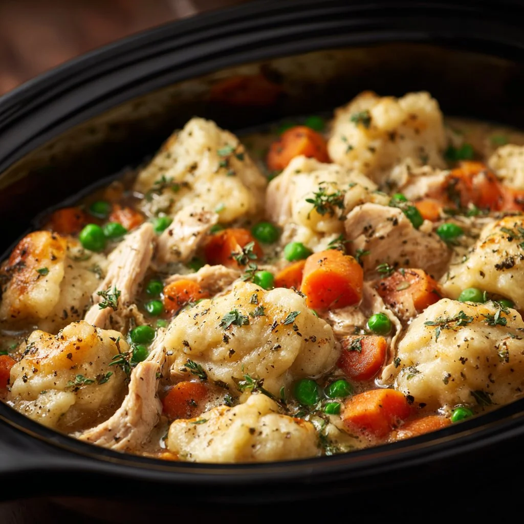 Bowl of slow cooker chicken and dumplings served with herbs