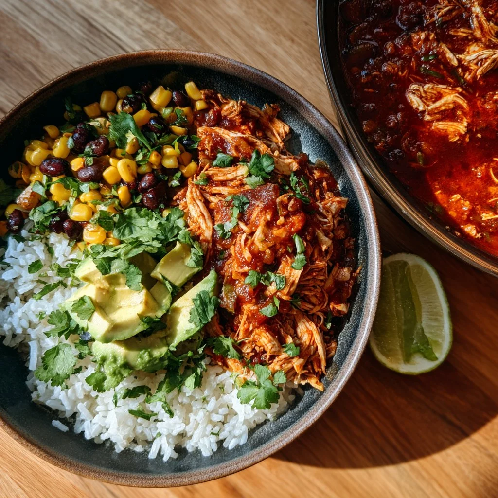 Delicious slow cooker chicken burrito bowl with fresh toppings and spices