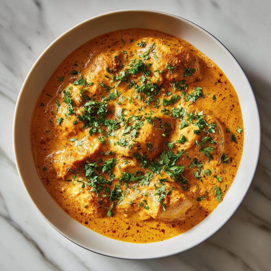 Delicious slow cooker chicken korma in a creamy sauce with spices