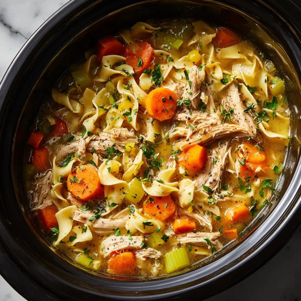 Bowl of slow cooker chicken noodle soup with fresh vegetables and noodles.