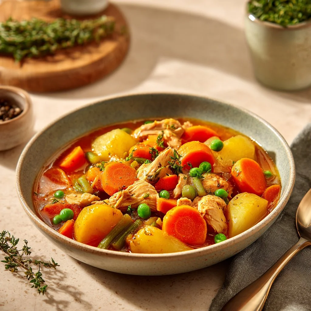 Bowl of slow cooker chicken stew with vegetables and herbs
