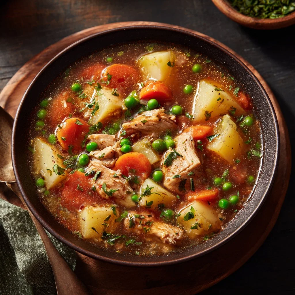 Bowl of slow cooker chicken stew with vegetables and herbs