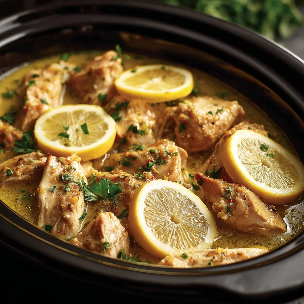 Delicious slow cooker creamy lemon chicken served with herbs