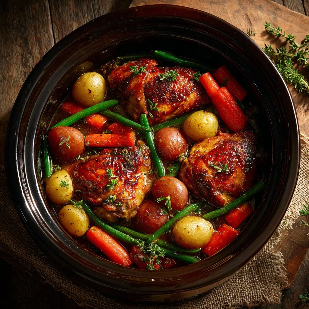 Slow cooker honey garlic chicken with colorful veggies in a serving dish