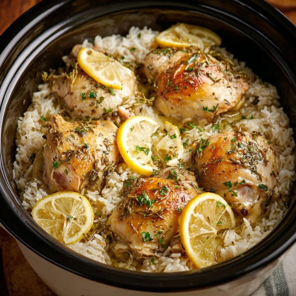 Delicious Slow Cooker Lemon Herb Chicken garnished with fresh herbs