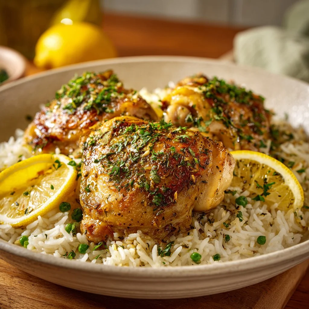 Delicious slow cooker lemon herb chicken served with rice.