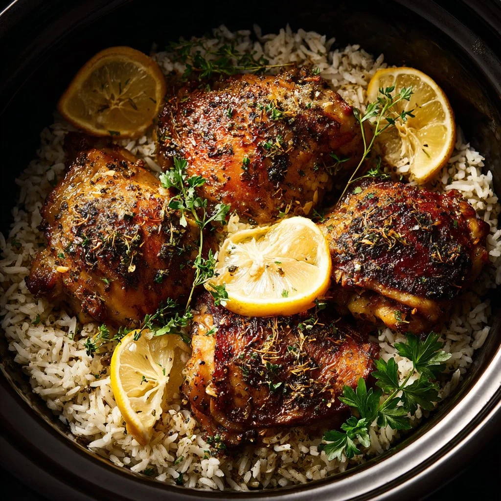 Slow Cooker Lemon Herb Chicken served with fluffy rice on a plate