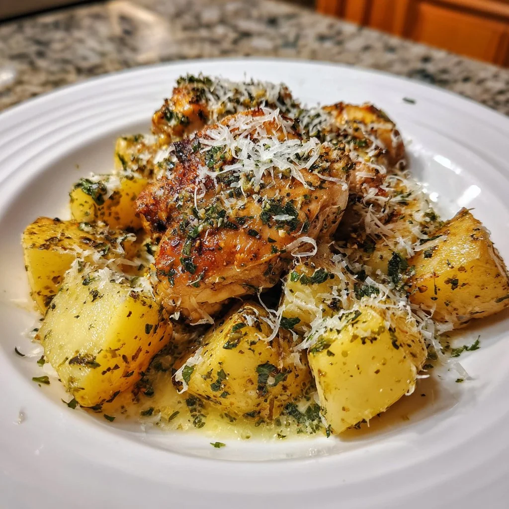 Slow cooker parmesan garlic chicken and potatoes dish, cooked to perfection.