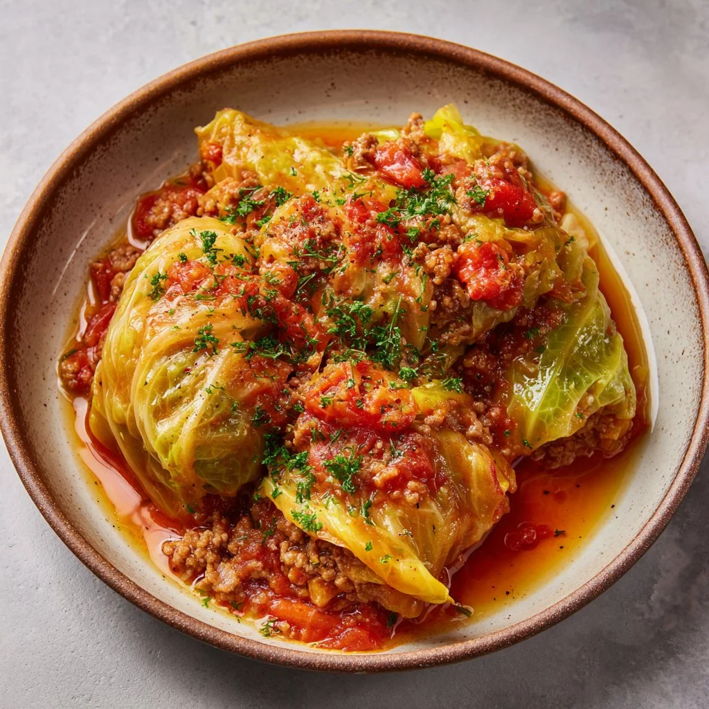 Delicious slow cooker unstuffed cabbage rolls garnished and ready to serve