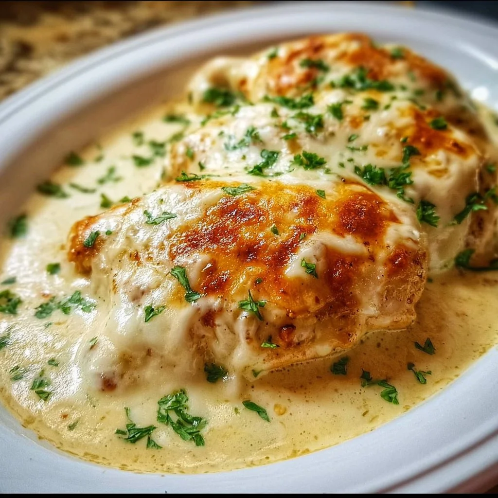 Smothered Cheesy Sour Cream Chicken served on a plate with garnish