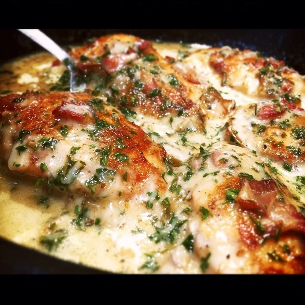 Delicious smothered chicken served with a savory sauce and herbs