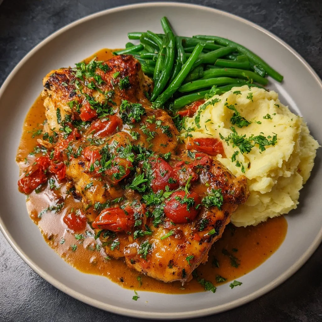 A plate of flavorful smothered chicken served with gravy and vegetables.