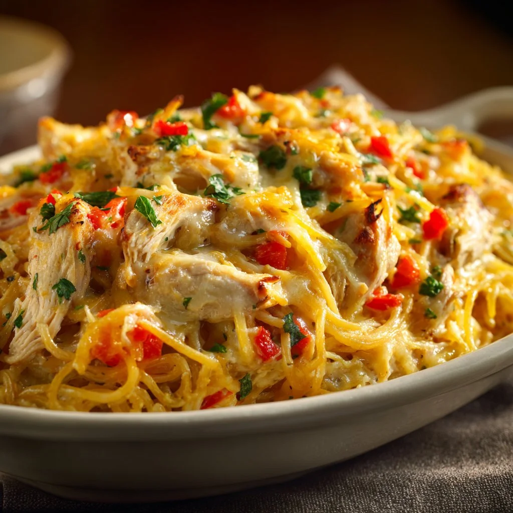 Delicious Southern Chicken Spaghetti Casserole topped with cheese
