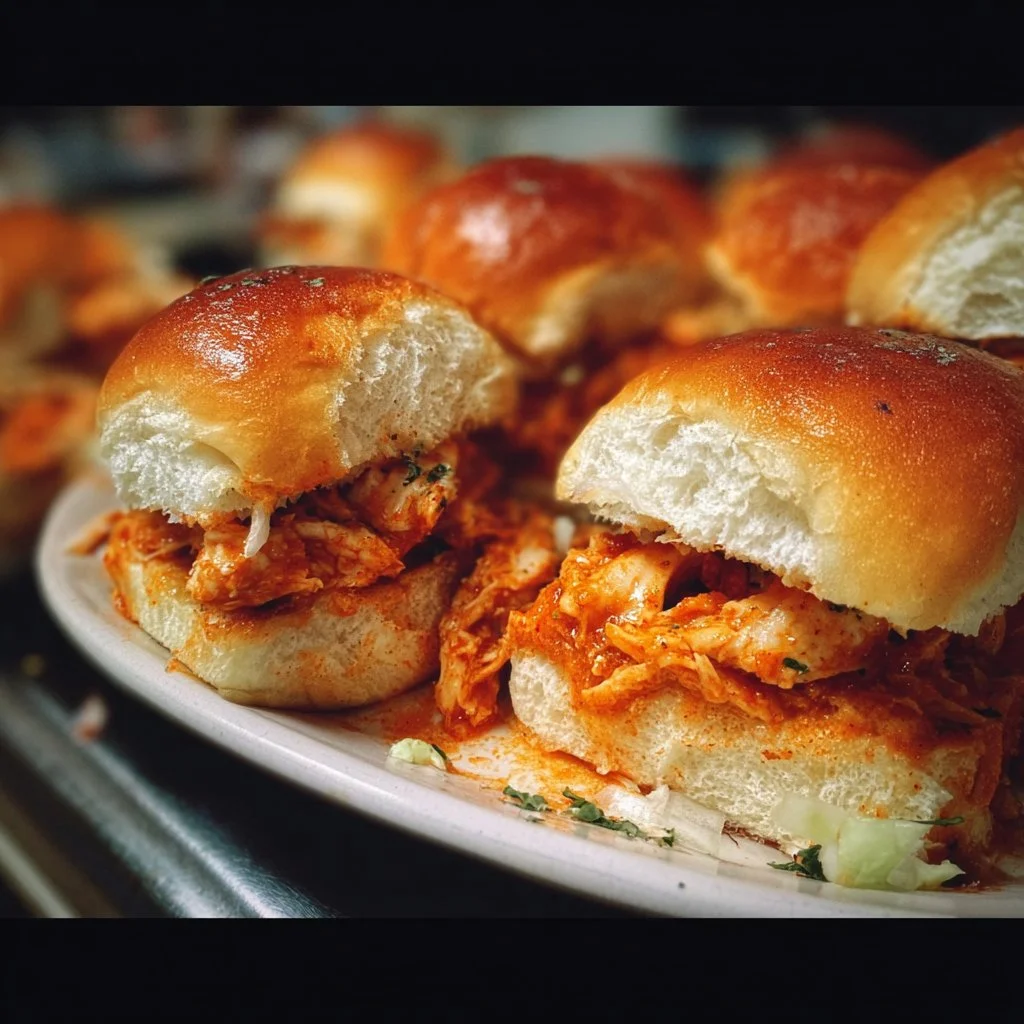 Delicious spicy Buffalo chicken sliders served on a platter.