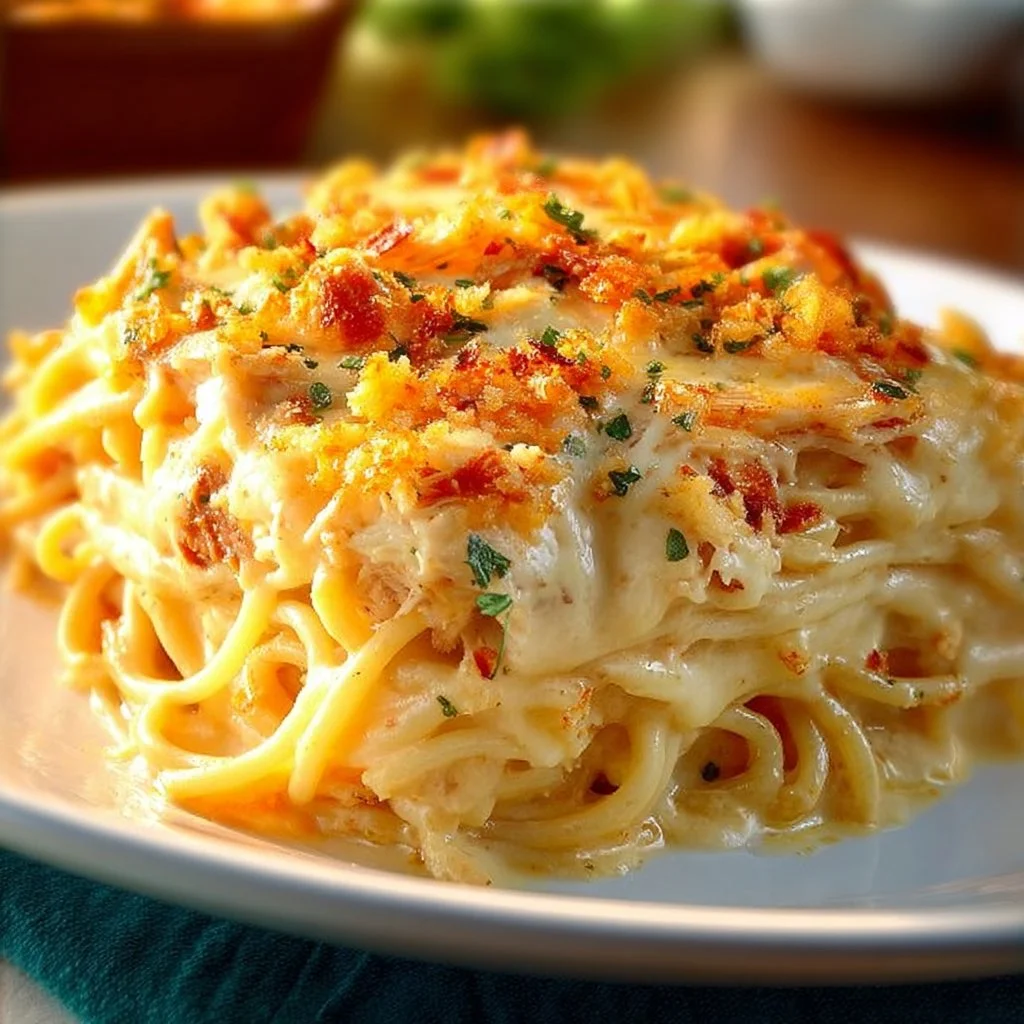 Spicy Southern Cheesy Chicken Spaghetti Casserole with melted cheese and pasta