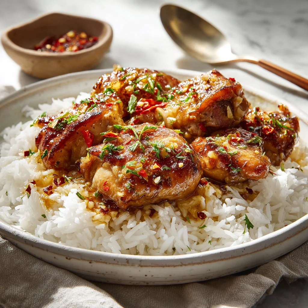 Sticky boneless chicken thighs glazed with a flavorful sauce