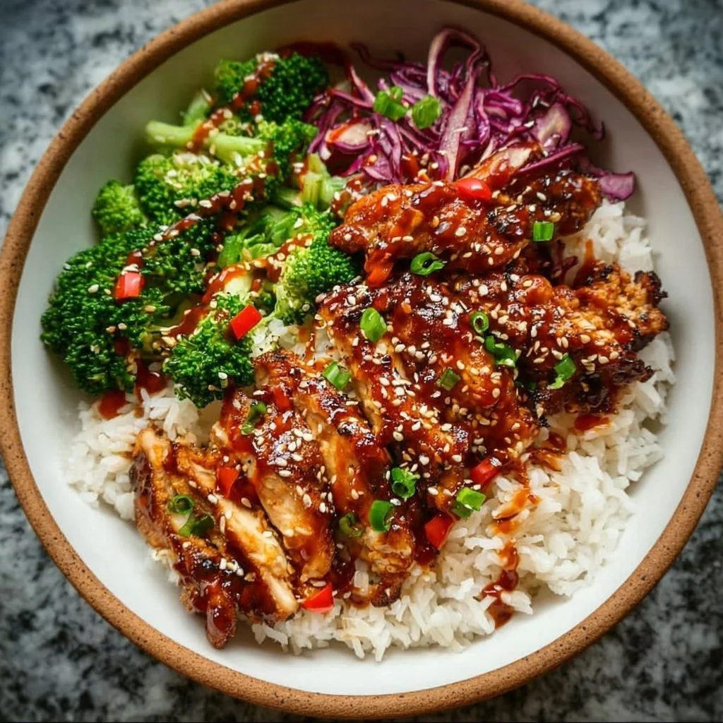Delicious sticky chicken bowls topped with fresh vegetables and rice