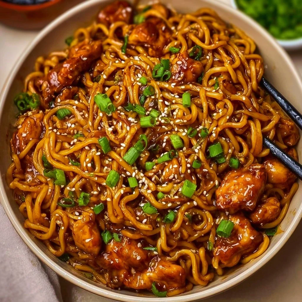 Delicious sticky garlic chicken noodles garnished with vegetables.