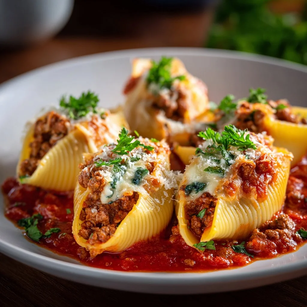 Baked stuffed shells with meat and cheese, garnished with fresh herbs.