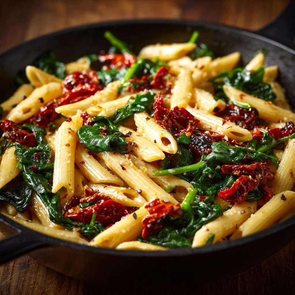 Delicious spinach tomato pasta dish served in a bowl