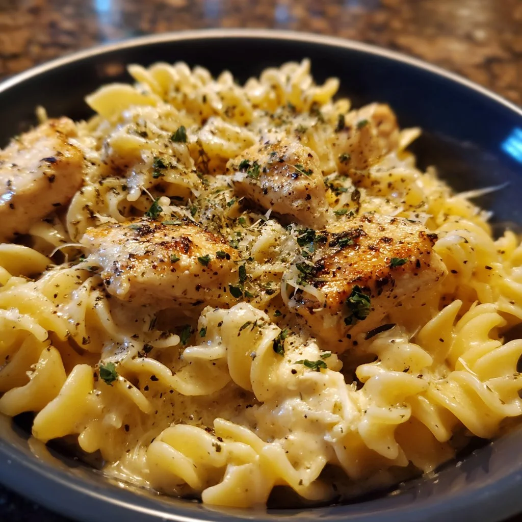 Bowl of crockpot garlic parmesan chicken pasta topped with herbs.