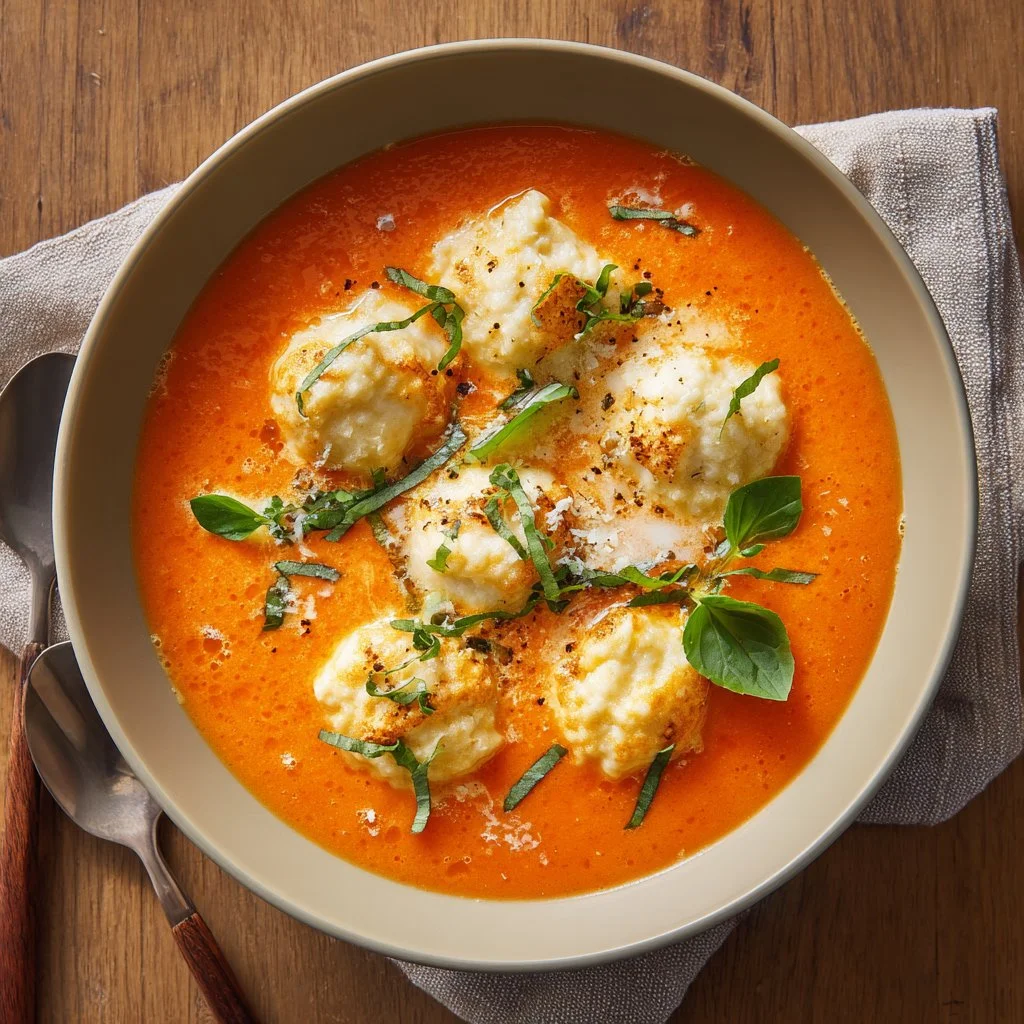 A bowl of delicious Tomato Dumpling Soup garnished with herbs and fresh ingredients.