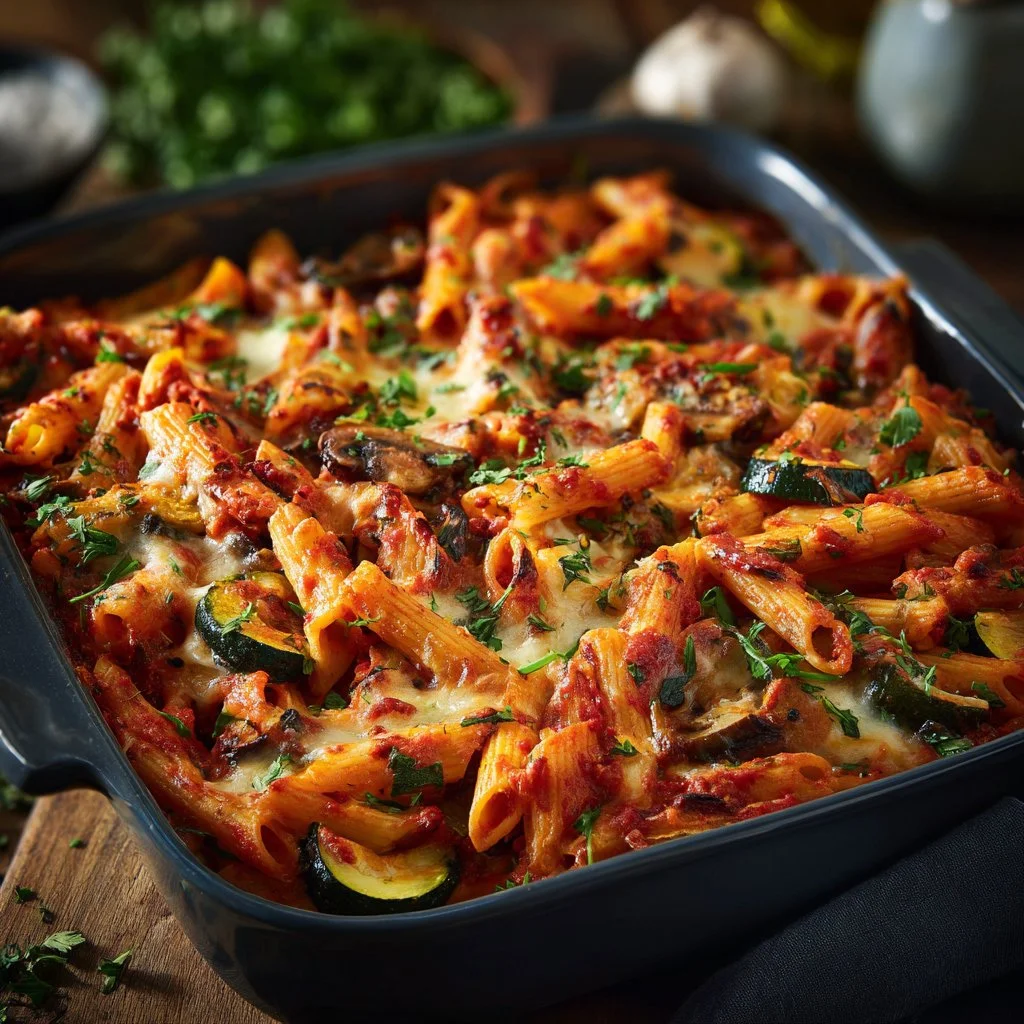 Delicious Vegetable Baked Ziti with colorful vegetables and melted cheese
