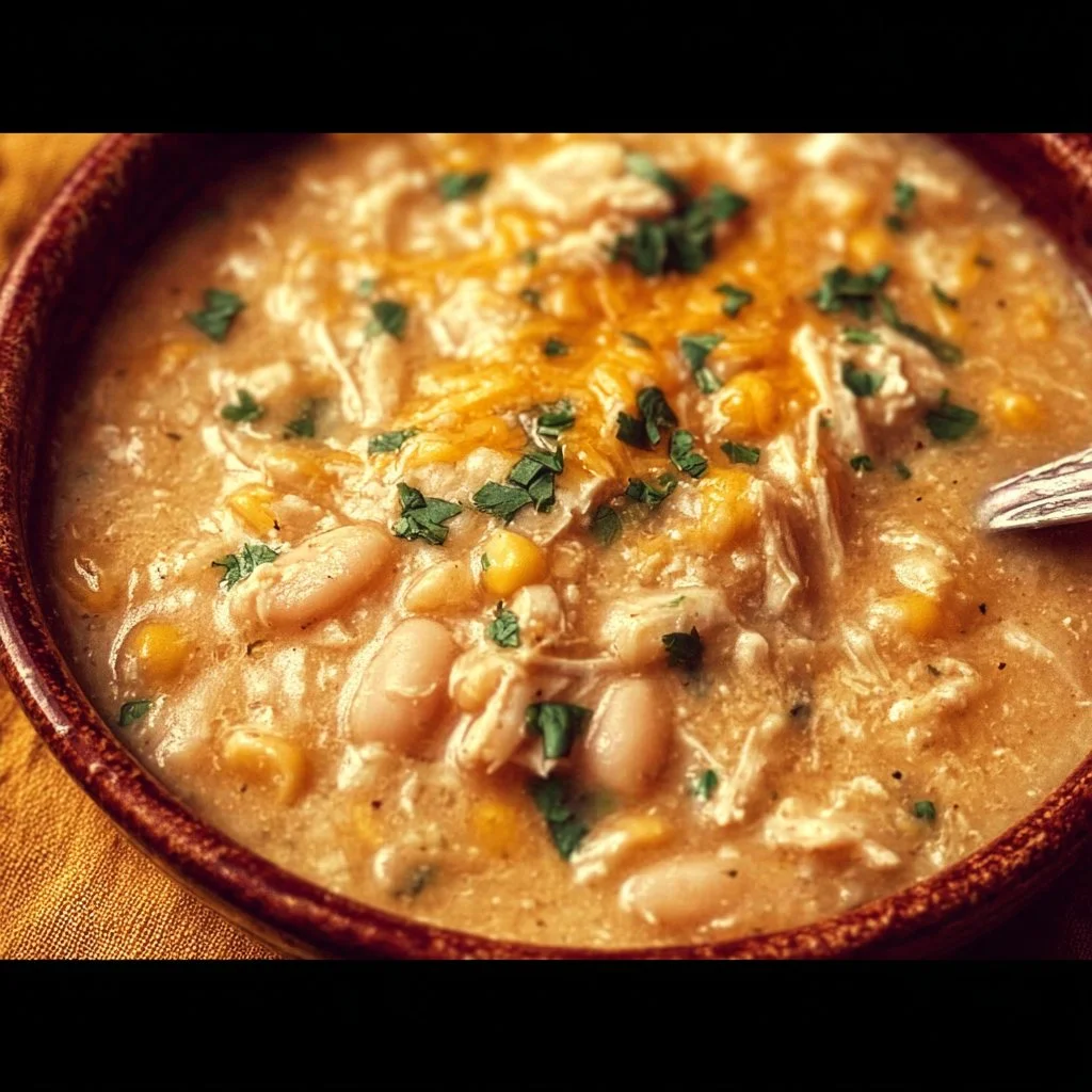 Bowl of creamy white chicken chili topped with cilantro and jalapenos
