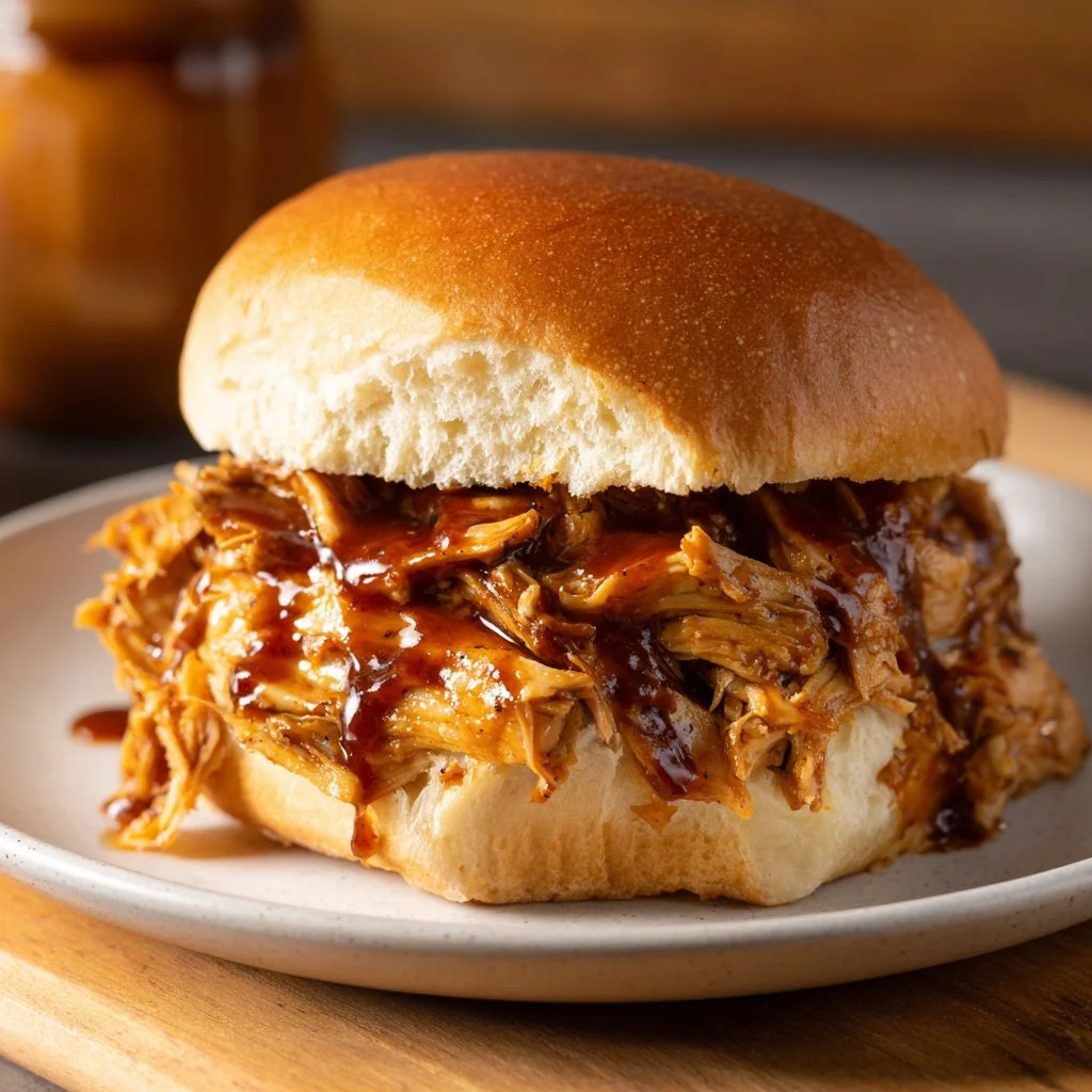 Zesty BBQ Chicken cooked in a crockpot, garnished with fresh herbs.