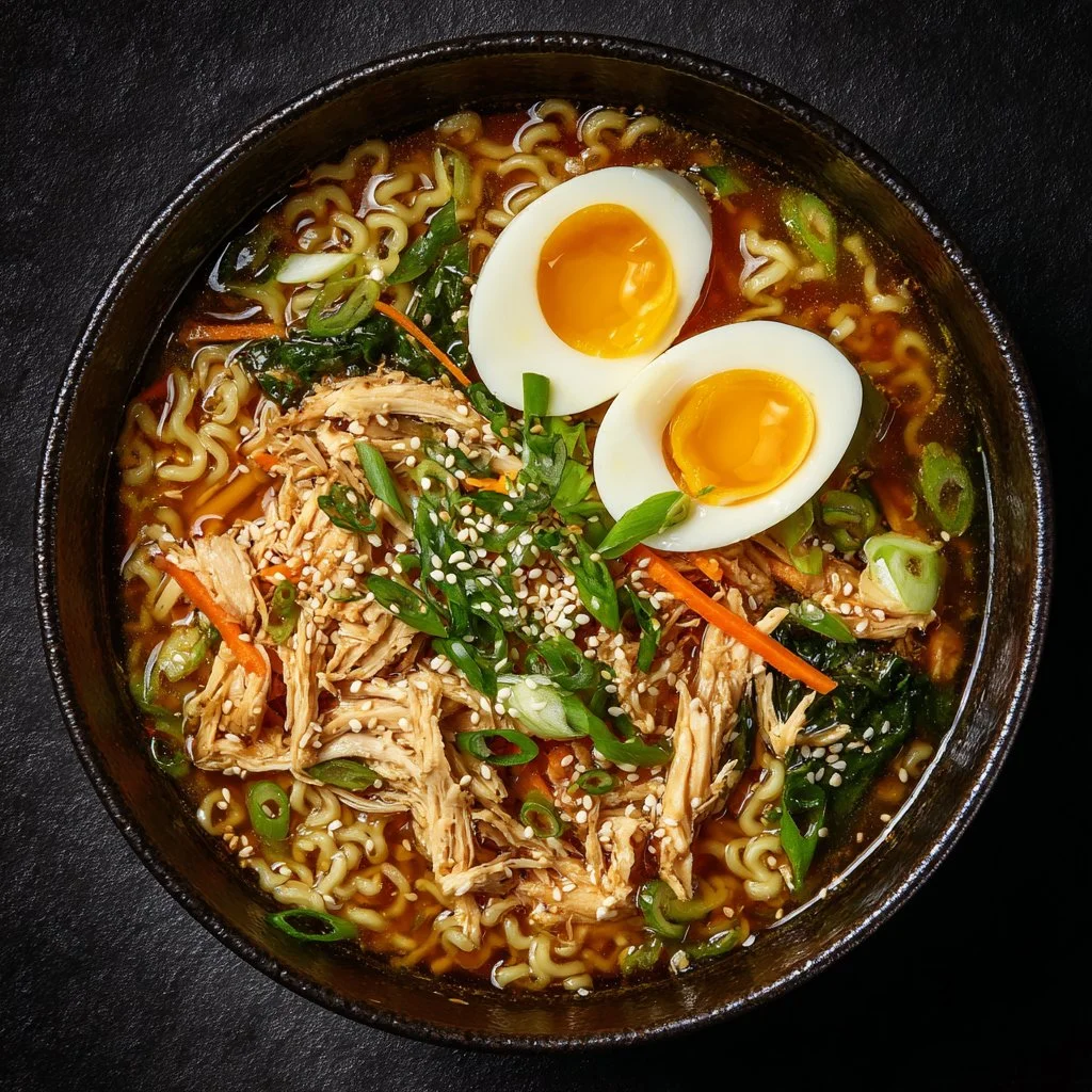 Bowl of quick 20 minute chicken ramen topped with herbs and vegetables