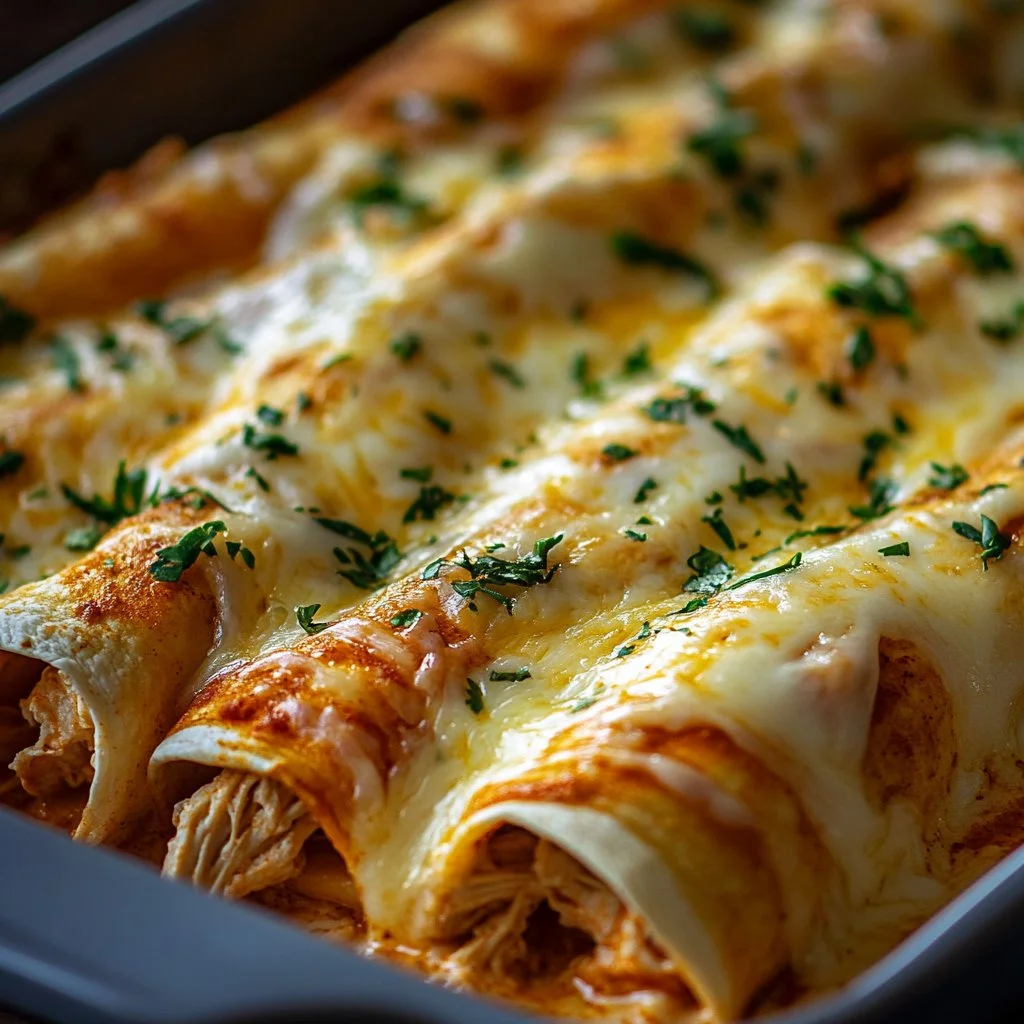Delicious chicken enchiladas topped with dreamy white sauce and served hot.