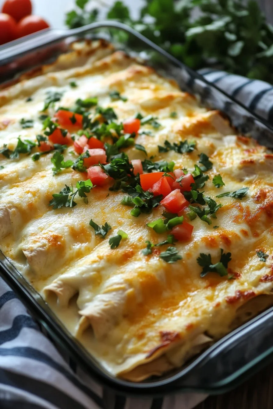 Creamy White Chicken Enchiladas Casserole