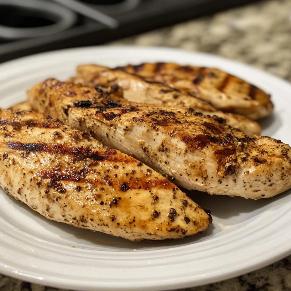 Air fryer grilled chicken breasts plated with herbs and spices for a delicious meal