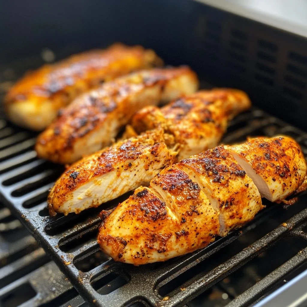 Juicy air fryer grilled chicken breasts on a plate with garnishes.