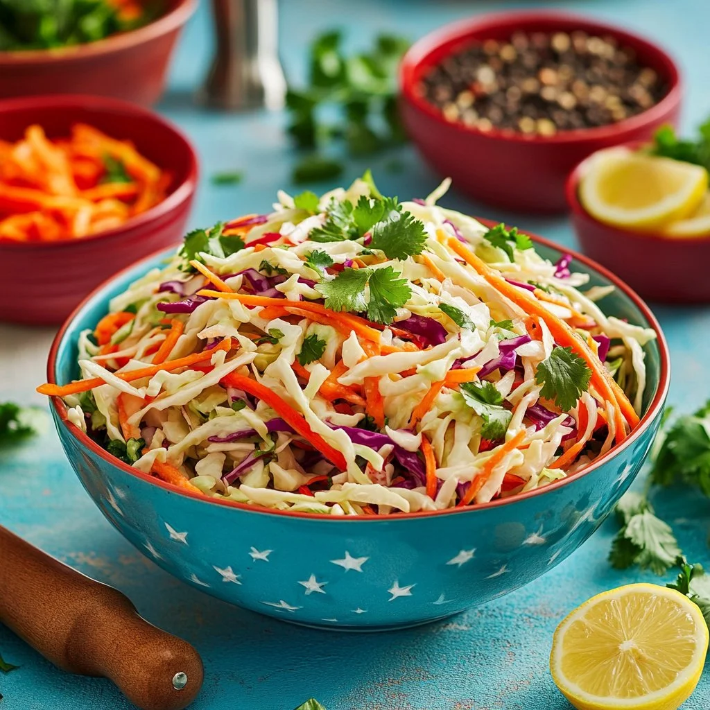 Bowl of classic American coleslaw with fresh cabbage and carrots